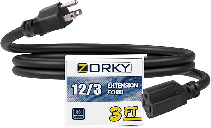 3ft Indoor Extension Cord - 12/3 SJTW Heavy Duty Extension Cable with 3 Prong Grounded Plug for Safety -15Amp 1875W Black Electric Cord for Garden, Appliances