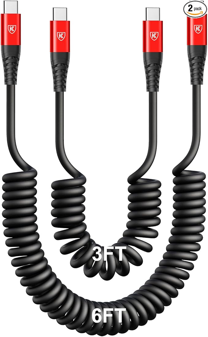 KIYODA Coiled USB C Cable for Car 3FT & 6FT, USB C to USB C Fast Charging Cable USB Type C Cord Compatible with iPhone 17/16/15/Plus/Pro/Pro Max/MacBook Pro 2020/iPad Pro 2020/Samsung Galaxy S23-Red