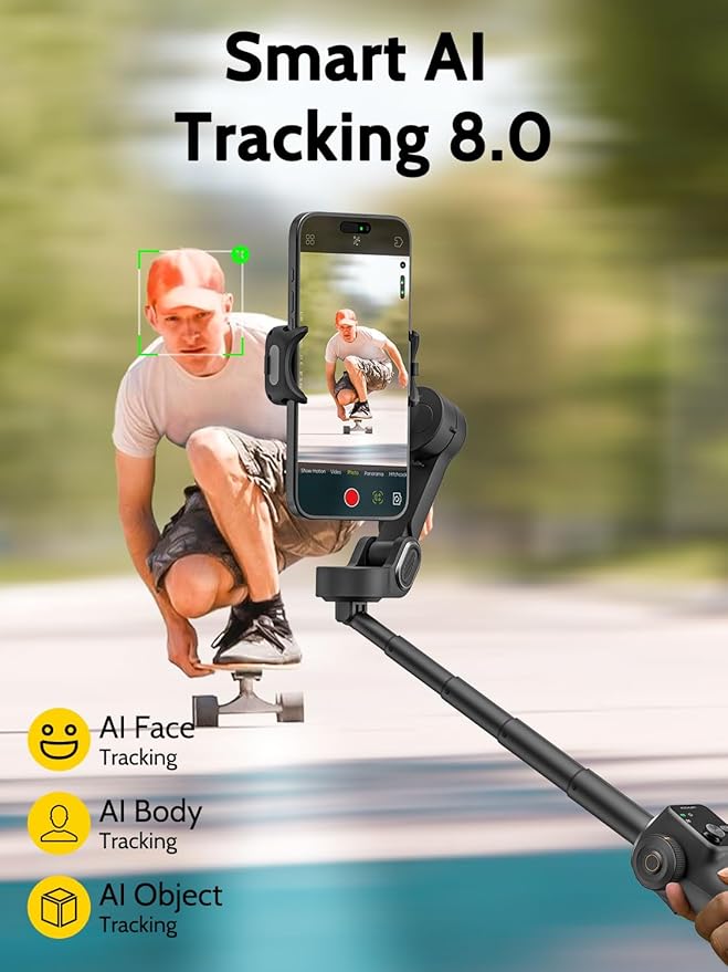 AOCHUAN 3-axis Gimbal Stabilizer w/Built-in 7.8' Extension Rod, Vlogging Phone Gimbal w/AI Tracking, Portable Smartphone Holder for iPhone w/Full-Screen OLED Display, Trigger Button Smart V8(Black)