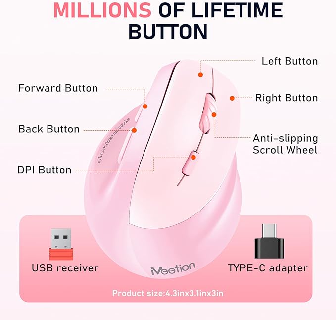 MEETION Ergonomic Mouse, Wireless Vertical Mouse RGB Backlit Rechargeable Mice for Bluetooth(5.2 + 3.0) USB-A with Type-c Adapter 4 Adjustable DPI Compatible Mac/Windows/Andriod/PC/Tablet/iPad Pink