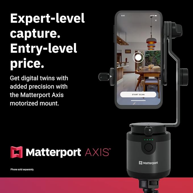 Matterport Axis Gimbal Stabilizer for Smartphone Camera - Motorized Rotating Mount for Professional 3D 360 Photo Scans Includes Portable Tripod, Remote and 12 Month Starter Kit for 3D Model Scans