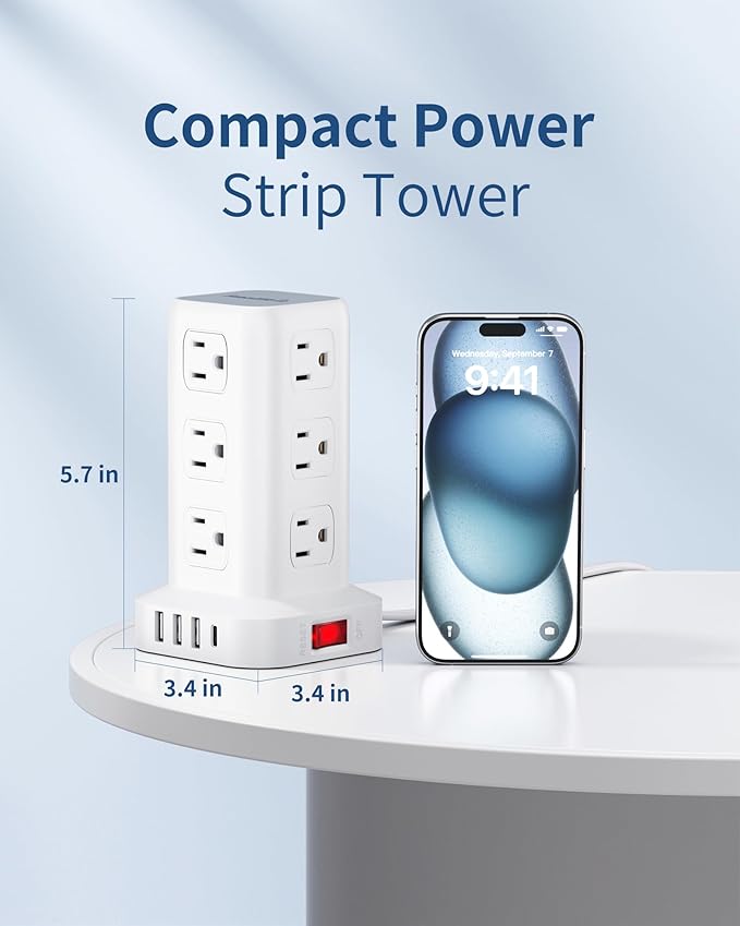 Power Strip Tower, 6.5 Ft Flat Plug Extension Cord, 16 IN 1 Power Bars with Surge Protector, Power Tower Bar with 12 AC Multiple Outlets 4 USB (1 USB C),for Home Office Desk