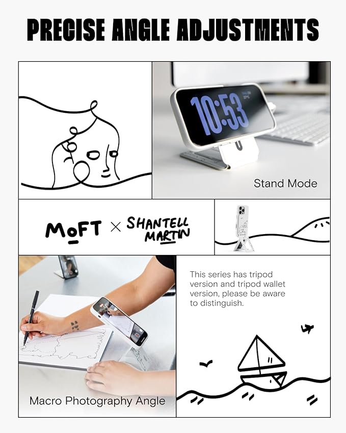MOFT Phone Tripod Stand Selfie Stick x Shantell Martin for iPhone, Multi-Angles iPhone Stand, Lightweight & Portable Phone Holder, Strong Magnets, MOVAS Vegan Leather, Misty Cove (Without Card Slot)
