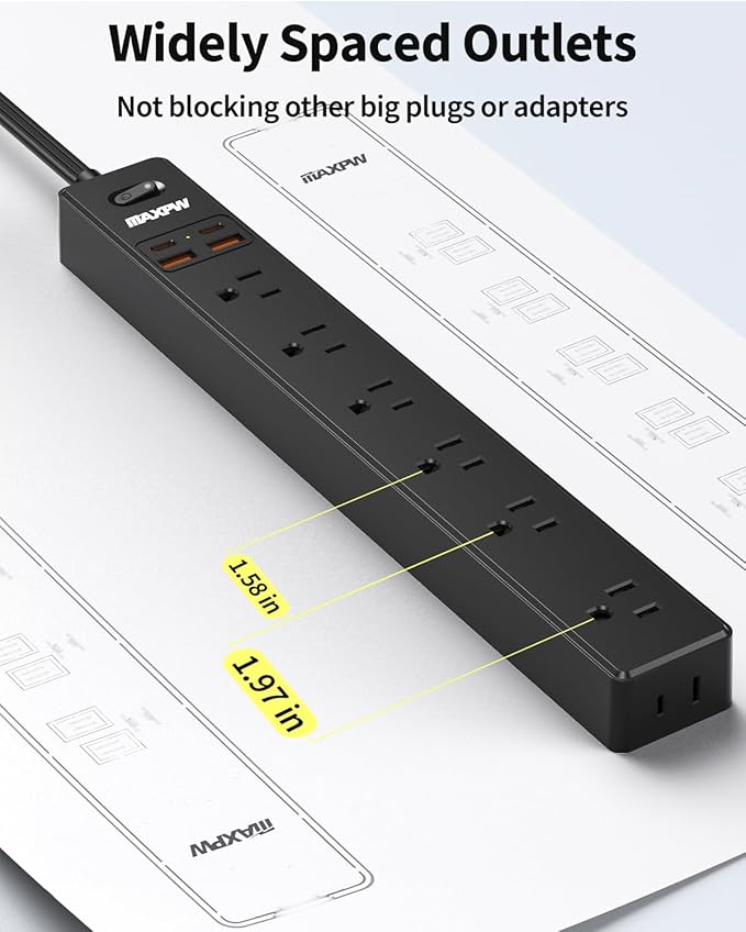 10 Ft Power Strip Surge Protector - 7 Outlets 4 USB Ports (2 USB C), Ultra Thin Flat Extension Cord & Flat Plug, 1700 Joules, Wall Mount, Desk Charging Station for Home Office Dorm, Black