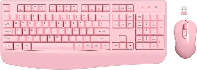 Wireless Keyboard and Mouse Combo, EDJO 2.4G Full-Sized Ergonomic Computer Keyboard with Wrist Rest and 3 Level DPI Adjustable Wireless Mouse for Windows, Mac OS Desktop/Laptop/PC (Pink)