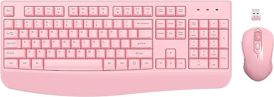 Wireless Keyboard and Mouse Combo, EDJO 2.4G Full-Sized Ergonomic Computer Keyboard with Wrist Rest and 3 Level DPI Adjustable Wireless Mouse for Windows, Mac OS Desktop/Laptop/PC (Pink)