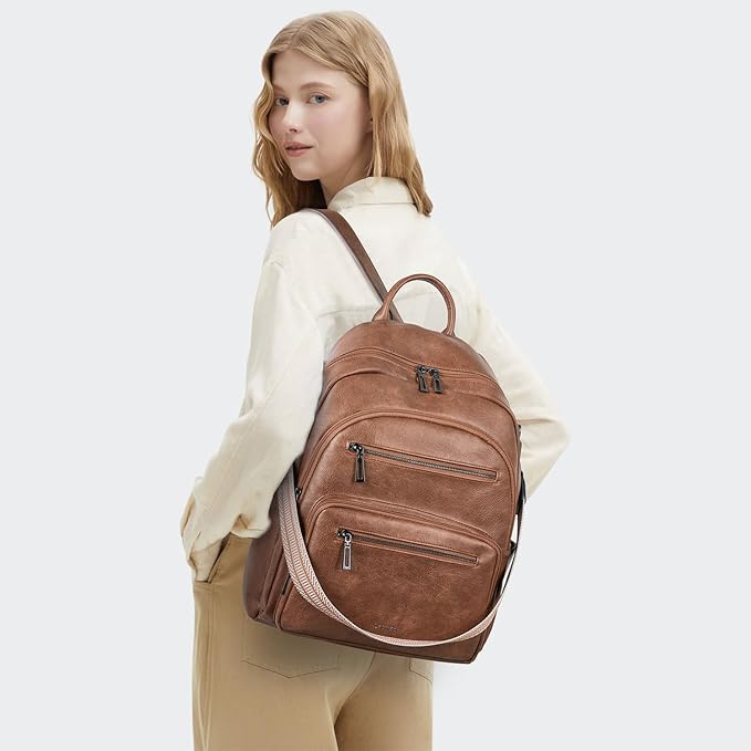 Backpack Purse for Women Laptop Backpack, Leather Travel Backpack Shoulder Bag Teacher College Daypack Work Handbag fits 14" Laptop-Brown