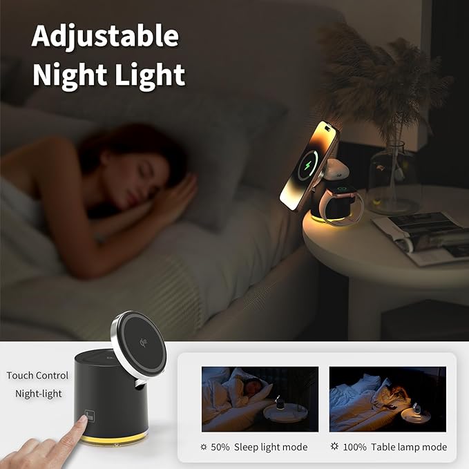 3 in 1 Wireless Charging Station,Qi2 Certified 15W Magnetic Wieless Charger with Night Light,for iPhone 12-17 Series,Apple Watch,Airpods (Black)