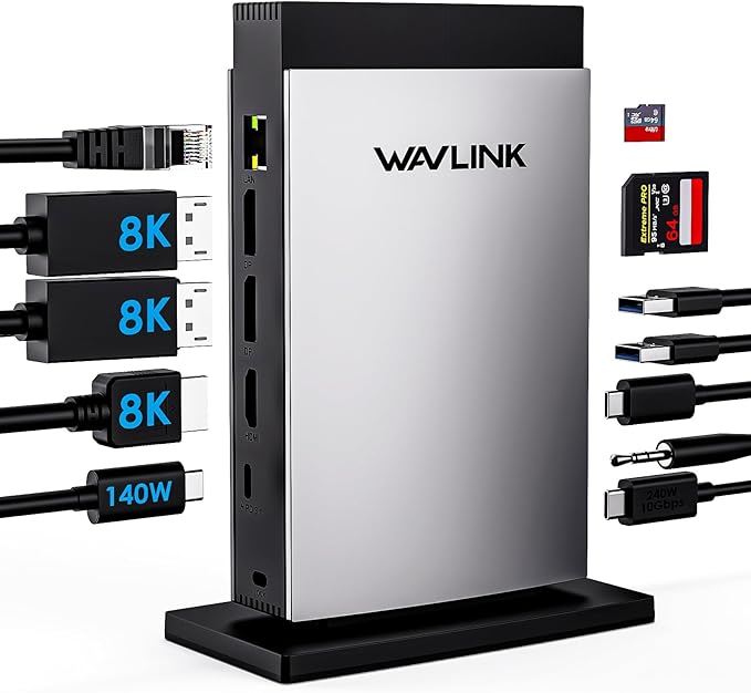 WAVLINK Laptop Docking Station 3 Monitors(Max Resolution: Single 8K or Triple 4K), 11-in-1 USB C Docking Station with 125W PD3.1 Pass-Through, HDMI + 2*DP, for MacBook M1/M2/M3/M4 & Windows, SD/TF