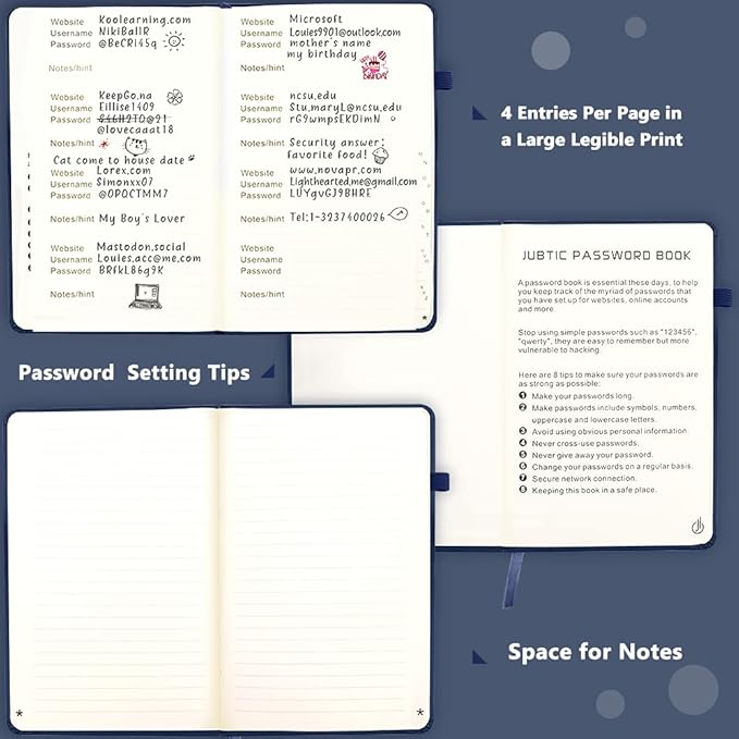 JUBTIC Password Keeper Book with Alphabetical Tabs. Medium Size Password Book for Seniors, Internet Website Address Log in Detail. Hardcover Password Notebook for Home Office, Navy Blue