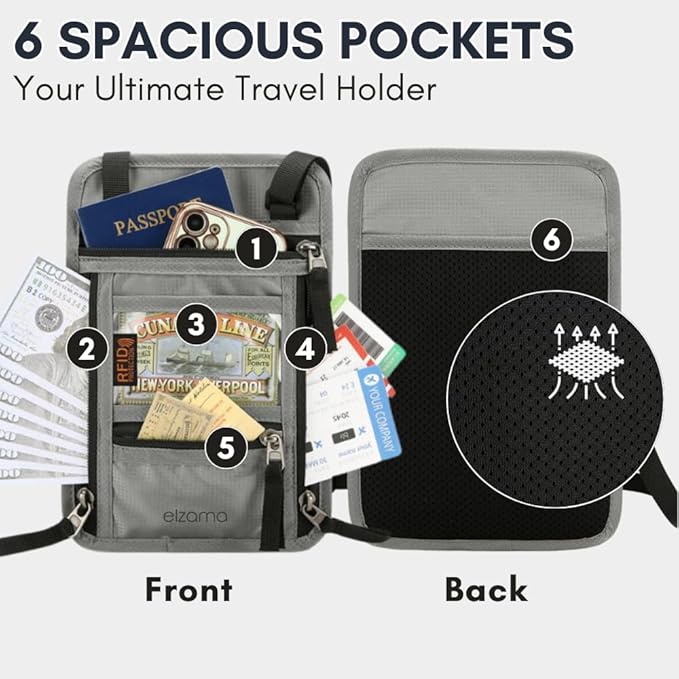 elzama Travel Neck Wallet, Neck Passport Holder, RFID Blocking Passport Wallet Super Slim & Lightweight Travel Pouch Holder for Men & Women (Light Grey)