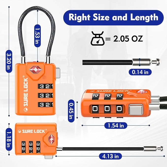 SURE LOCK TSA Compatible Travel Luggage Locks, Inspection Indicator, Easy Read Dials TSA Approved with Zinc Alloy Orange 4 Pack