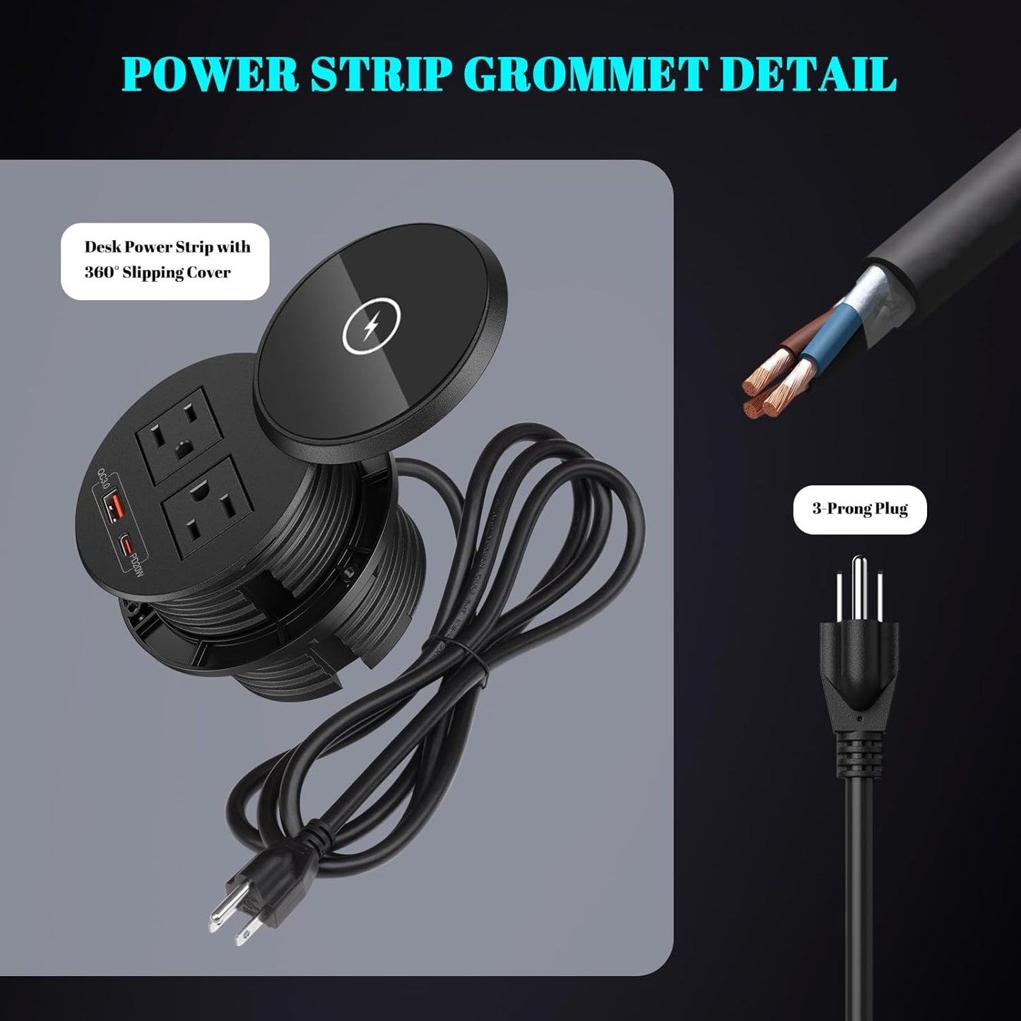 XBA PD 20W USB C Desk Power Grommet with 15W Wireless Charger Cover, Recessed Power Strip with 18W USB A and 2 AC Outlets,Hidden Power Outlets with 6FT Cords for Office, Home, Conference(Black)