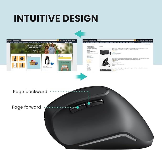 Perixx PERIMICE-804 Bluetooth Vertical Mouse, Bluetooth Connection for Windows and Android System, Works Without USB Receiver, Black
