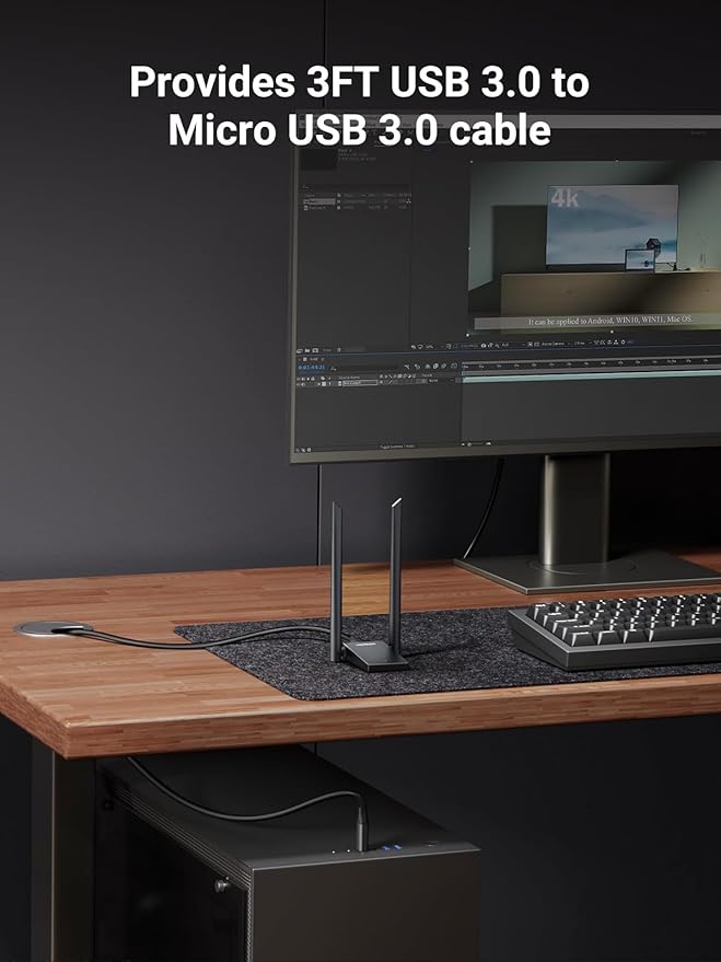 UGREEN WiFi Adapter, AX1800 WiFi 6 Adapter for Desktop PC with Dual 5dBi High Gain Antennas, 5G/2.4G Dual Band, WAP3-SAE, 3FT USB 3.0 to Micro USB 3.0 Cable, WiFi Dongle Supports Windows 10/11