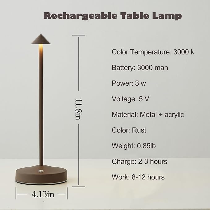 Rechargeable Cordless Lamps,3000mAh Battery Operated Table Lamp,Portable LED Touch 2 Levels Brightness Dimmable Bar Lamp,Battery Powered Lamps for Bars,Restaurant,Living Room(2 Pack,Rust)