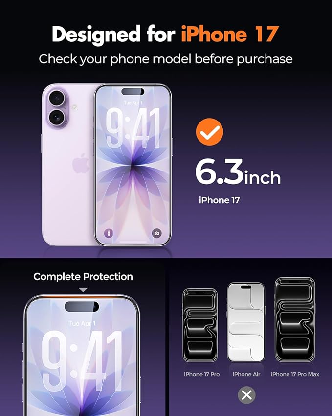 UNBREAKcable 3-Pack Screen Protector for iPhone 17, Double Shatterproof Tempered Glass [Easy Installation Frame] [9H Hardness] [99.99% HD Clear] [Case Friendly] for iPhone 6.3 inch