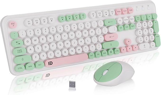 FD 2.4GHz Wireless Keyboard and Mouse Set with Switch Button - Full-Size Keyboard - Compatible for Windows/Laptop/PC/Notebook/Smart TV and More - Milky White Green Colorful