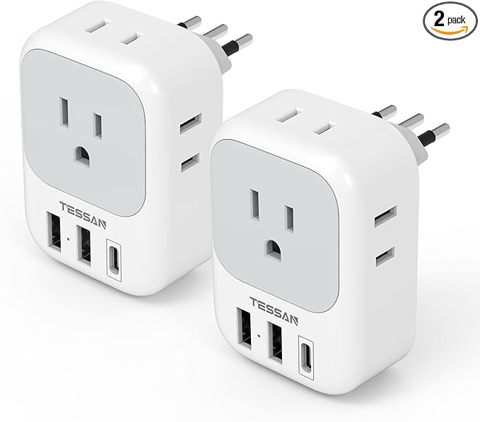 Italy Travel Plug Adapter 2 Pack, TESSAN Italy Power Adaptor with 4 Outlets 3 USB Charger (1 USB C Port), Type L Adapter for US to Chile Ethiopia Libya Syria Tunisia Uruguay
