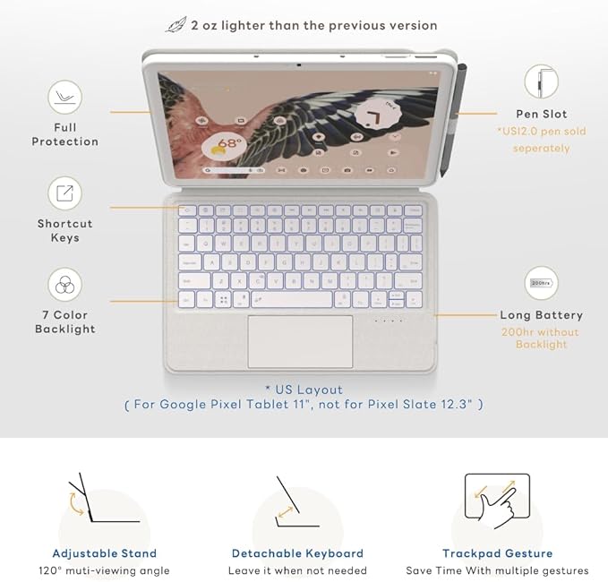 EIP Magnetix Keyboard Case for Google Pixel Tablet 11 inch (2023), Adjustable Viewing Angle, Detachable, Easy Carry, Protective Cover Compatible with Speaker Dock, 7 Backlight Color, White, US Layout