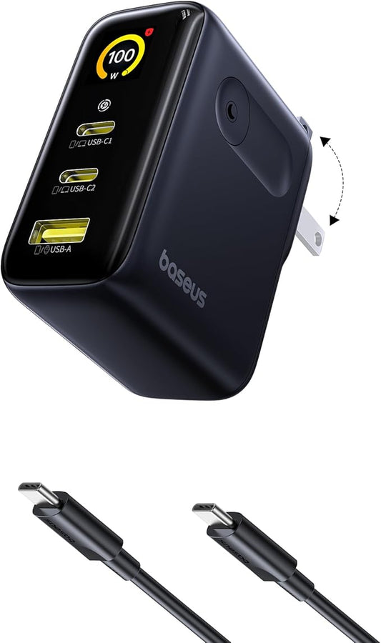 Baseus Picogo 100W USB C Charger, 3-Port Multi-Device Fast Charging Laptop Charger with Smart Display & Touch Control, GaN Power Adapter for MacBook Pro, iPhone 17/16, Pixel, Steam Deck, ROG Ally