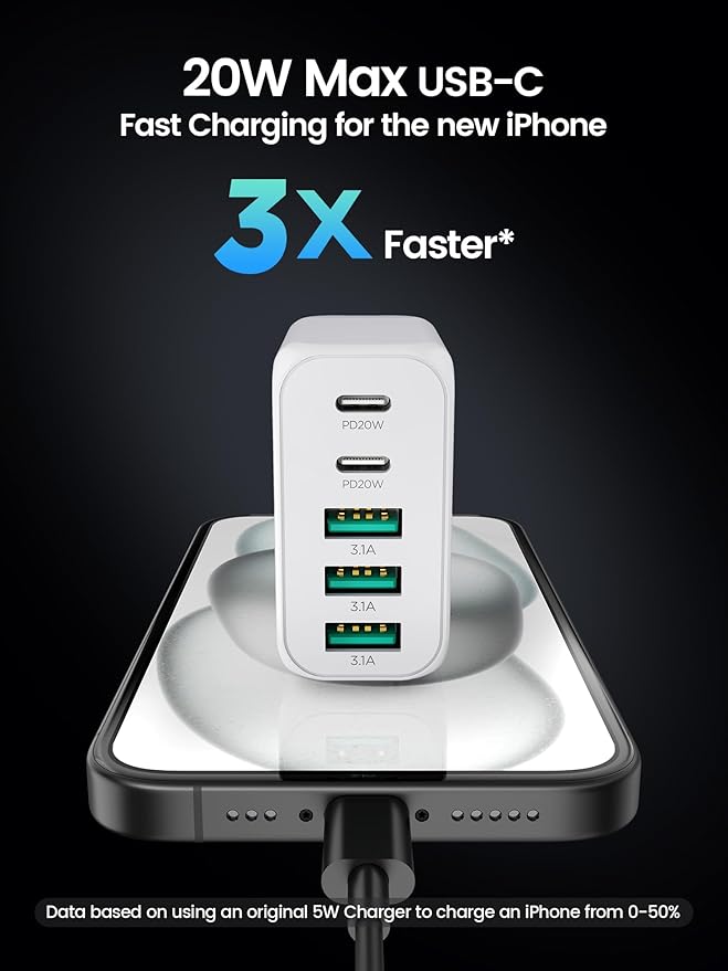 USB C Charger Block,EIZLXQ [2-Pack] Type C Charger Fast Charging,50W 5-Port Usb Wall Charger Multiport Type C Charging Block Cube for iPhone 17/16/15/14/13/12/11 Pro Max XS, iPad, Samsung & More-White