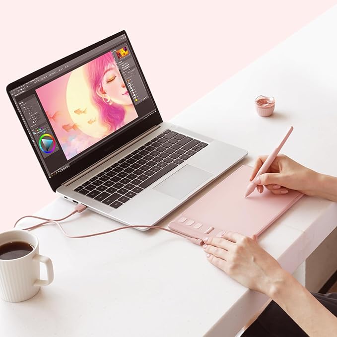 HUION Inspiroy 2 Small Drawing Tablet, Digital Art Tablet with Scroll Wheel, 6 Hot Keys, Battery-Free Stylus, Pink Graphics Tablet for Drawing, Design, Writing, Work with PC, Mac & Android