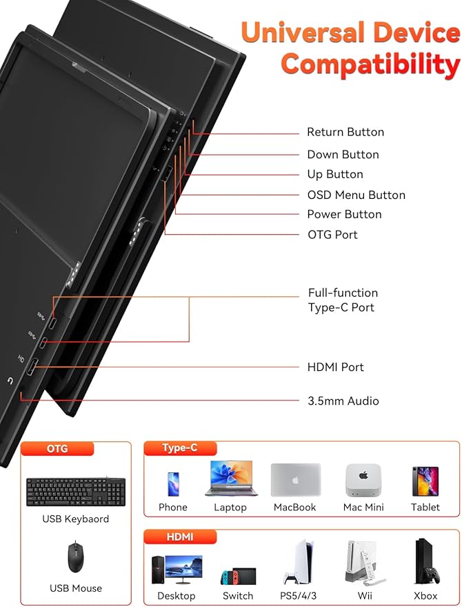 HotYeah Portable Monitor, 18.5" 1080P 100Hz 125% sRGB Laptop Monitor USB-C HDMI External Computer Display HDR FreeSync w/Kickstand & Speaker, 2nd Screen for Laptop PC Mac Phone Tablet Switch PS5 Xbox