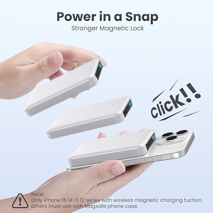 Magnetic Portable Charger Power Bank,Compact 10800mAh LCD Display Wireless Portable Charger,20W PD USB-C in&Out Battery Pack Compatible with Magsafe,iPhone 15/15 Pro Max/14/13/12 Series-White