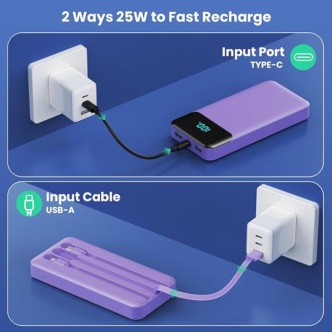 Portable Charger 40800mAh with 3 Built-in Cable,PD 25W USB C in&Out Power Bank Fast Phone Charging,QC4.0 LED Display 5 Output External Battery Pack Compatible with iPhone 17/16,Samsung Android-Purple
