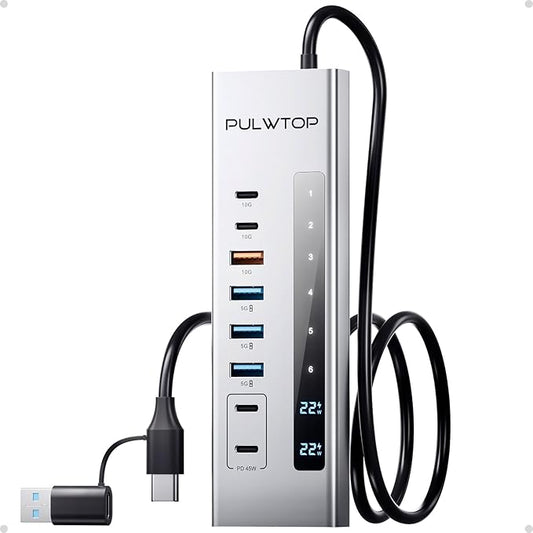 Powered USB C Hub, PULWTOP 11-in-1 USB Hub with SD/TF, 2*USB-C 10Gbps, 4*USB-A 5/10Gbps and 2 * 24/45W Type-C PD Charging Ports (Not Support Video), USB Powered Hub (72W DC Adapter Included)