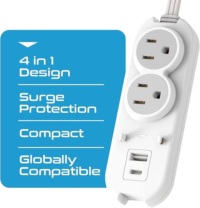 Ceptics Travel Power Strip - Small & Compact - Surge Protector - Grounded USB + Type C - 2 USA Outlets Input - Plugs for Europe, Asia, China, USA, South America