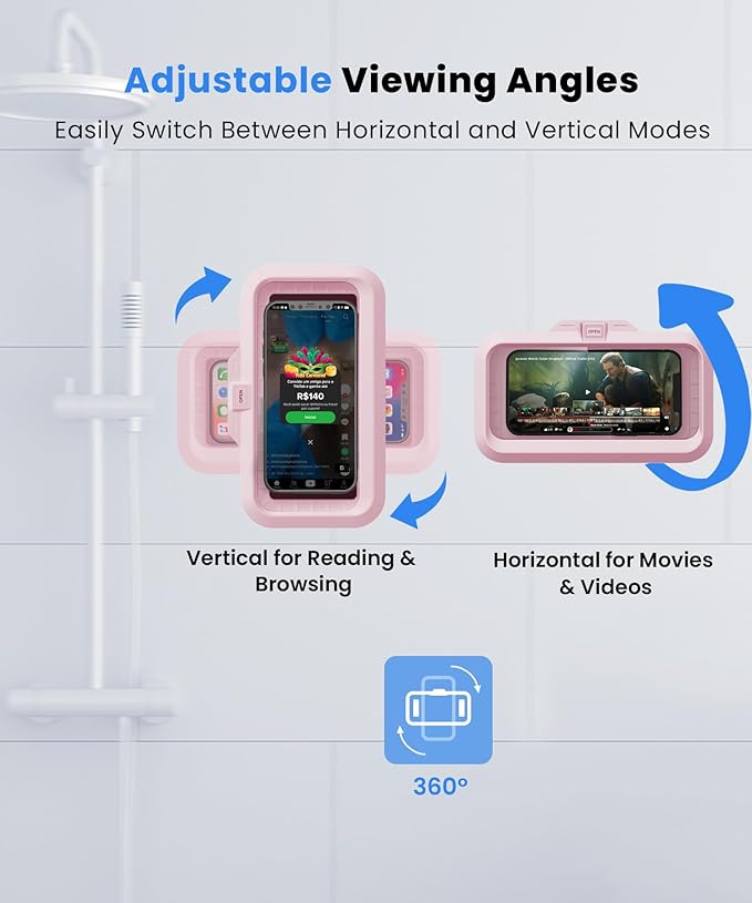 URROY Shower Phone Holder Waterproof One-Touch Open Shower Phone Case Anti-Fog & Sensitive Touchscreen Bathroom Wall Phone Mount Stand Universal Fit for iPhone & Smartphones Gift for Men Women Pink