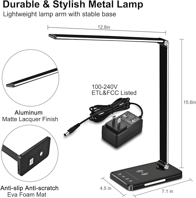 AFROG 8-in-1 4th Gen Multifunctional LED Desk Lamp with 10W Fast Wireless Charger,USB Charging Port,1200Lux Super Bright,5 Lighting Mode,7 Brightness，40 Min Timer,Night Light Function,5000K