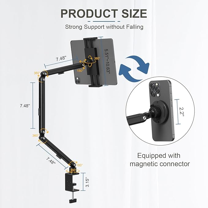 Tablet Stand Holder, Foldable iPad Holder Arm with 360°Rotate Base, Tablet Desk Mount with Magnetic and Clamp, iPad Stand for Desk, Compatible with Tablets, Phones or Other 4.7-15.6" Devices