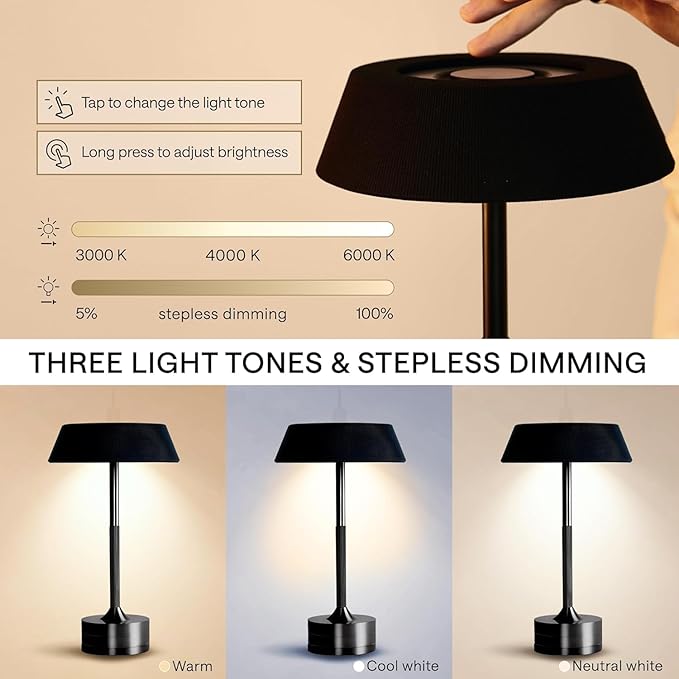 LED Cordless Table Lamp - Rechargeable Light for Home, Bedside, Kitchen - Small Dimmable Tap Lights - Battery Powered Touch Lamp for Desk Wireless - Black and Gold Lamp Shades, IP44, USB Type C Cable