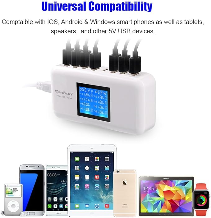 60W 8-Port USB Wall Charger, Multi Port USB Charger Charging Station W/LCD Compatible with Smart Phone, Tablet and Multiple Devices