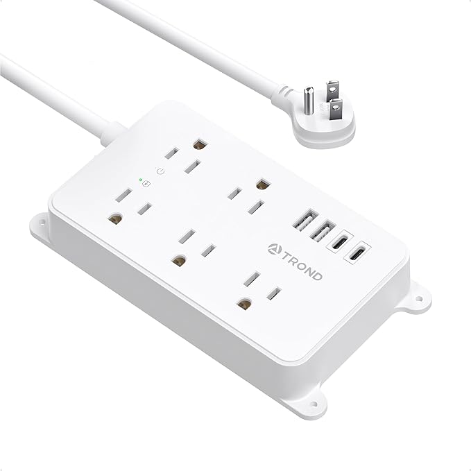 TROND Power Strip with USB, Surge Protector Flat Plug with 5 Widely-Spaced Outlets and 4 USB Ports, ETL Listed, 1300J, Wall Mountable, 5ft Extension Cord, for Office Kitchen, White