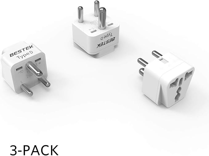 BESTEK India, South Africa Travel Plug Adapter, Grounded Universal Type D Plug Adapter India to US Adapter - Ultra Compact for India, Sudan, Pakistan and More, 3 Pack