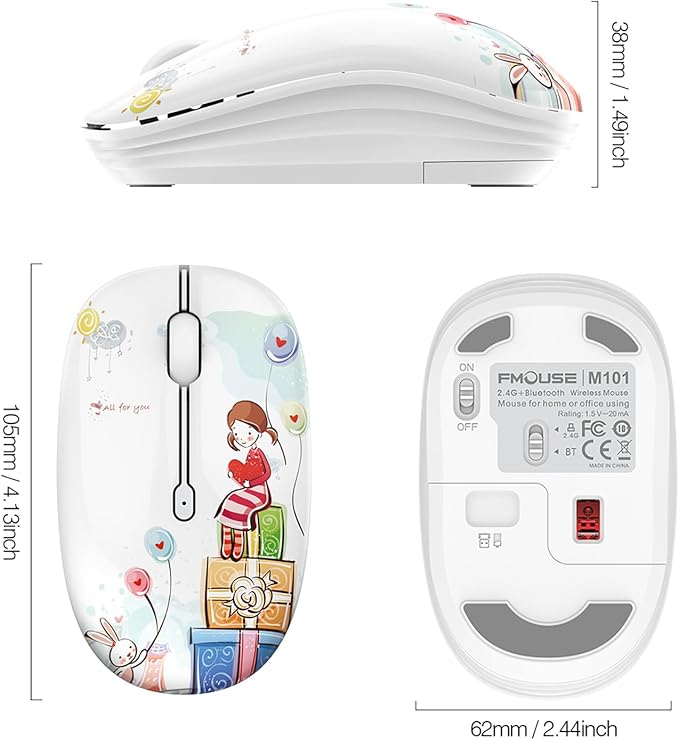 Cute Bluetooth Mouse, 2.4 GHz Wireless Mice with USB Receiver for Laptop, iPad, Mac, Silent Cartoon Mouse Suitable for Female and Students (Girl)