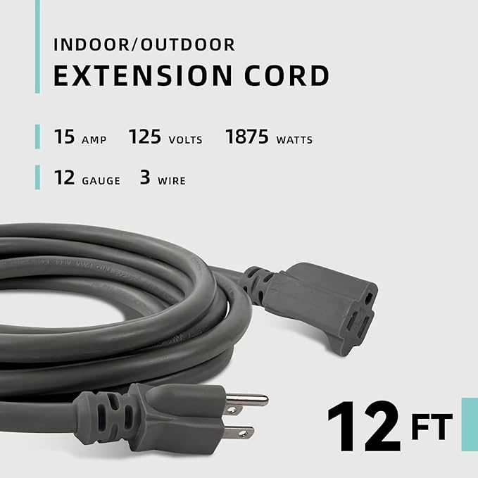 12ft Indoor Outdoor Extension Cord - 12/3 SJTW Heavy Duty Extension Cable with 3 Prong Grounded Plug for Safety -15Amp 1875W Gray Electric Cord Great for Garden, Appliances