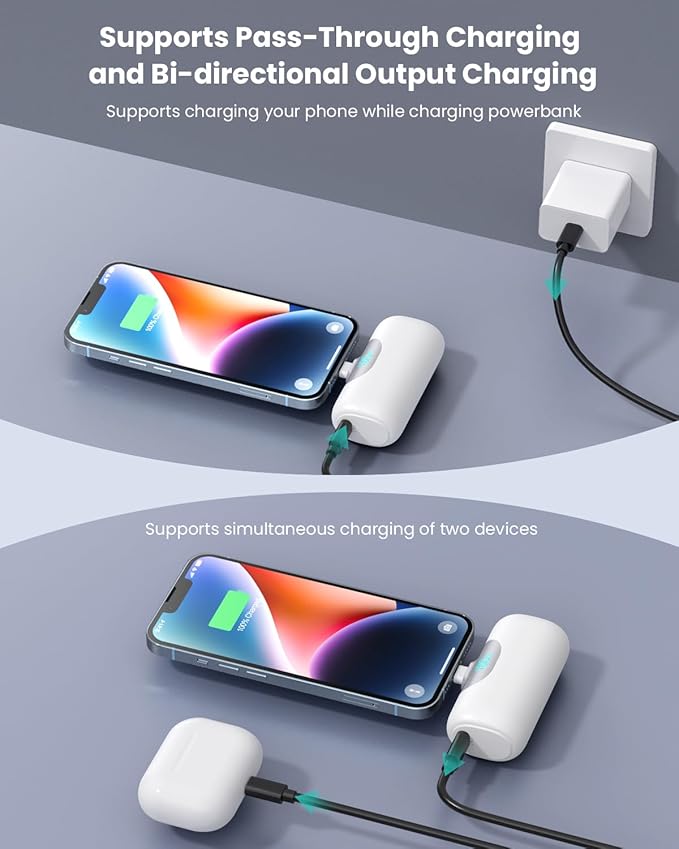 Mini Portable Charger for iPhone,Upgraded 22.5W PD Fast Charging 5500mAh Ultra-Compact Power Bank,LCD Display Plug-in Cute Battery Pack Travel Essentials for iPhone 14/14Pro/13/12/11/X/8/7/6 (White)