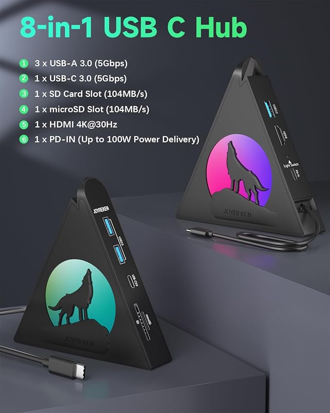 Vertical USB C Adapter Hub, 8-in-1 USBC HDMI Hub with 4K, 100W PD Pass-Through Charging, 5Gbps 3xUSB-A, USB-C 3.0, SD/TF Card Reader, RGB Wolf USB Hub Tower for MacBook, iPad, iPhone16, etc.