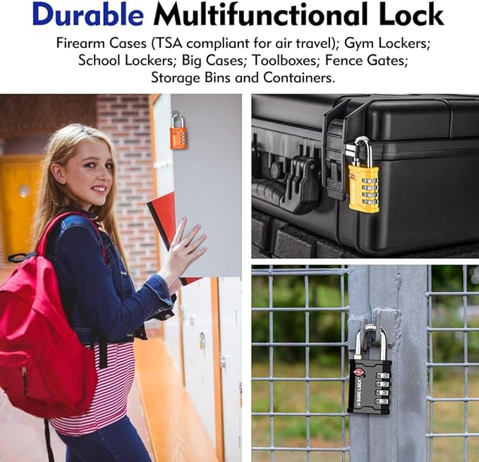 SURE LOCK TSA Accepted 4 Dig Heavy Duty Big Combination Luggage Padlock All Metal Travel Lock for Equipment Hard Case Luggage Gun Case Gym Locker Pelican Vault Lock (2, Orange)