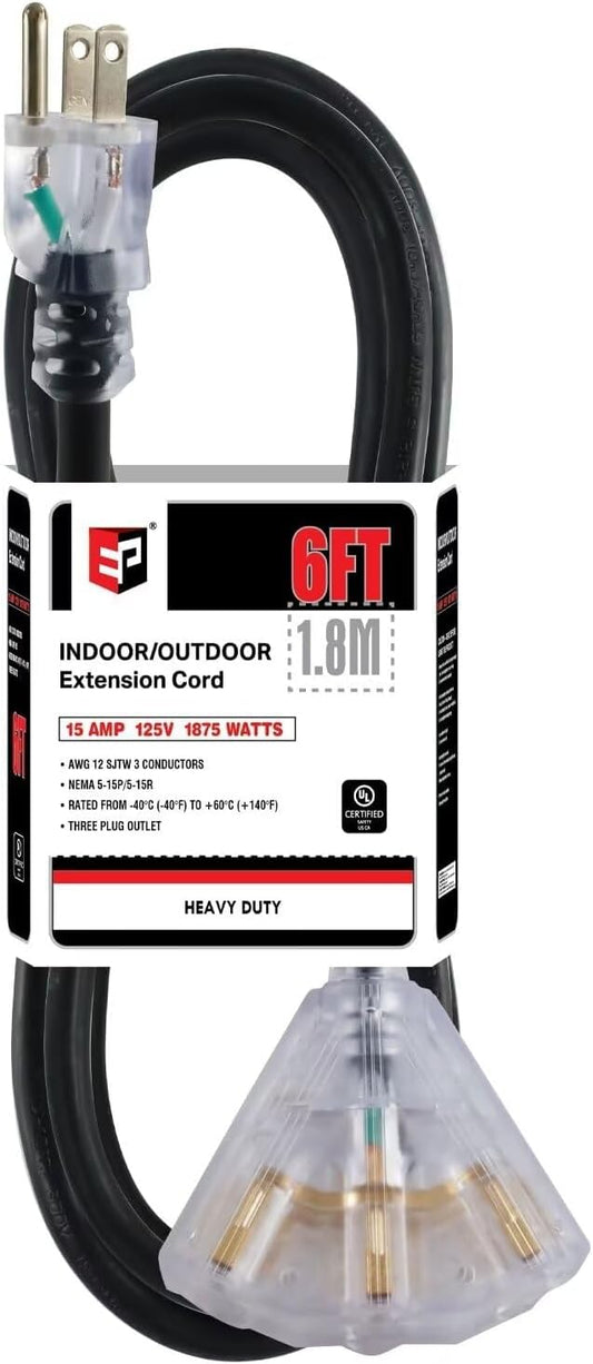 EP 6 Ft 12 Gauge Heavy Duty Extension Cord, 15A 125V 1875W, 3 Outlet Indoor/Outdoor Power Cord with Lighted End, 12/3 SJTW Weatherproof Black, UL Listed