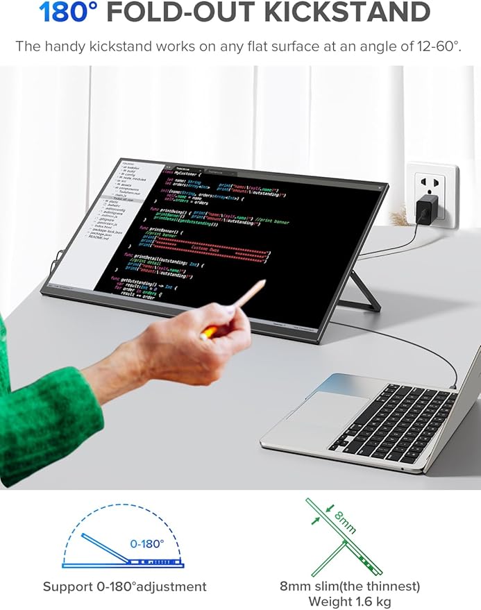 UPERFECT 22" QLED 2K Portable Monitor w/VESA & 180° Adjustable Stand, 2560×1440 QHD FreeSync HDR Gaming Display, USB-C HDMI Travel Second Monitor for Laptop, Switch, Phone