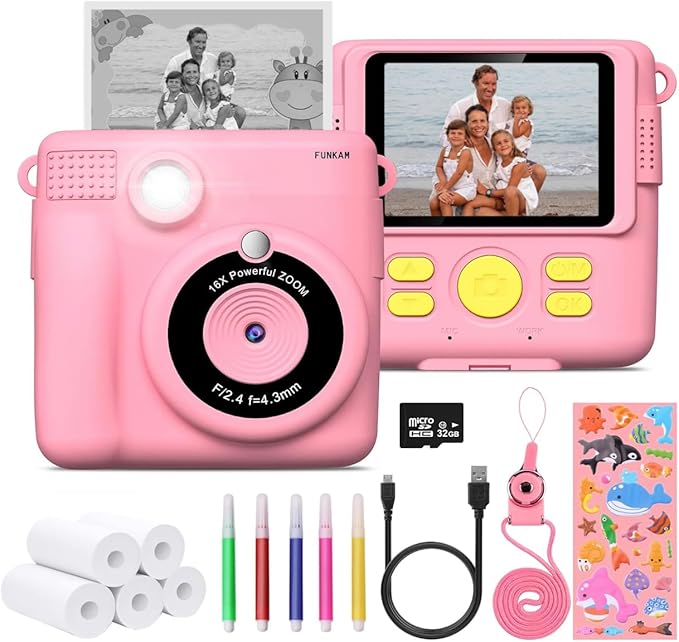 Instant Print Camera for Kids - 2.4" HD 1080P - with 32GB SD Card, 5 Markers, Stickers, 5 Paper Rolls, Lanyard. Camera Boys and Girls from 3 to 14 Years Old. (Pink)
