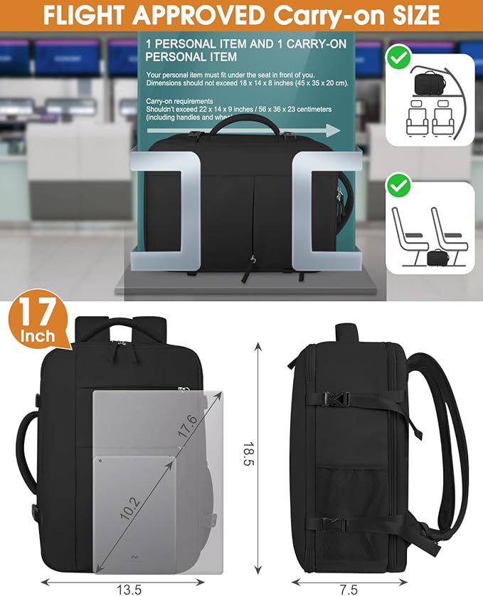 Capolo Travel Backpack for Women Men Waterproof Laptop Backpack Airlines Approved Carry On Backpack Bag Computer Bookbag for Business, Work, Traveling Fits 17 Inch Laptop(Black Zipper)