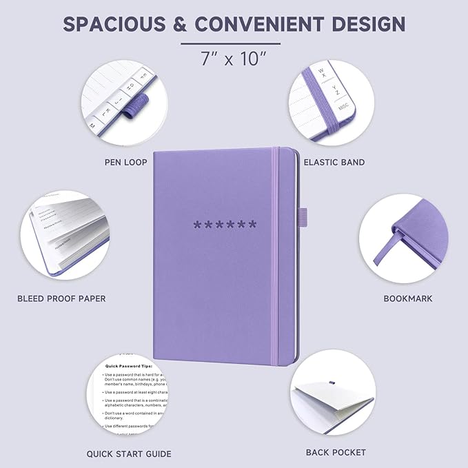 Password Book with Alphabetical Tabs – Hardcover Internet Address & Password Organizer – Password Keeper Notebook for Computer & Website – 7x 10" Log-in Password Journal w/Thick Paper (Lavender)