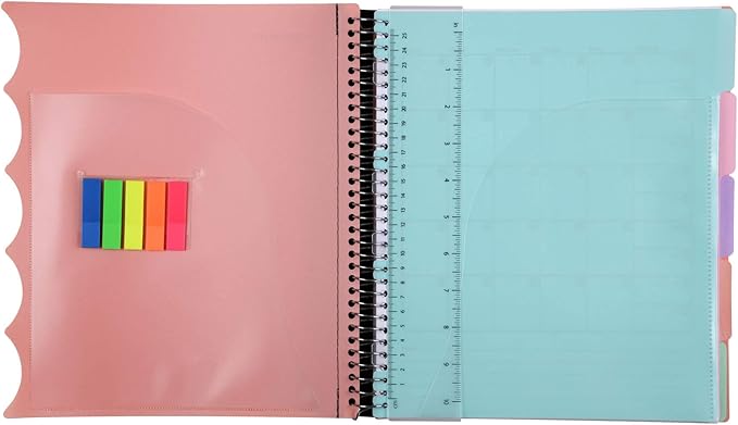 Mintra Office Durable PREMIUM Spiral Notebook, ((Salmon, 5 Subject (8.5in x 11in)), Fabric Covered Coils, No Snags, College Ruled, Adjustable PocketDividers, Ruler, Organization, School